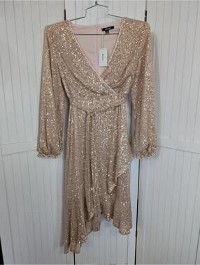 ADOR Sequin Wrap Dress Champagne Gold Long Sleeve Midi M NWT
